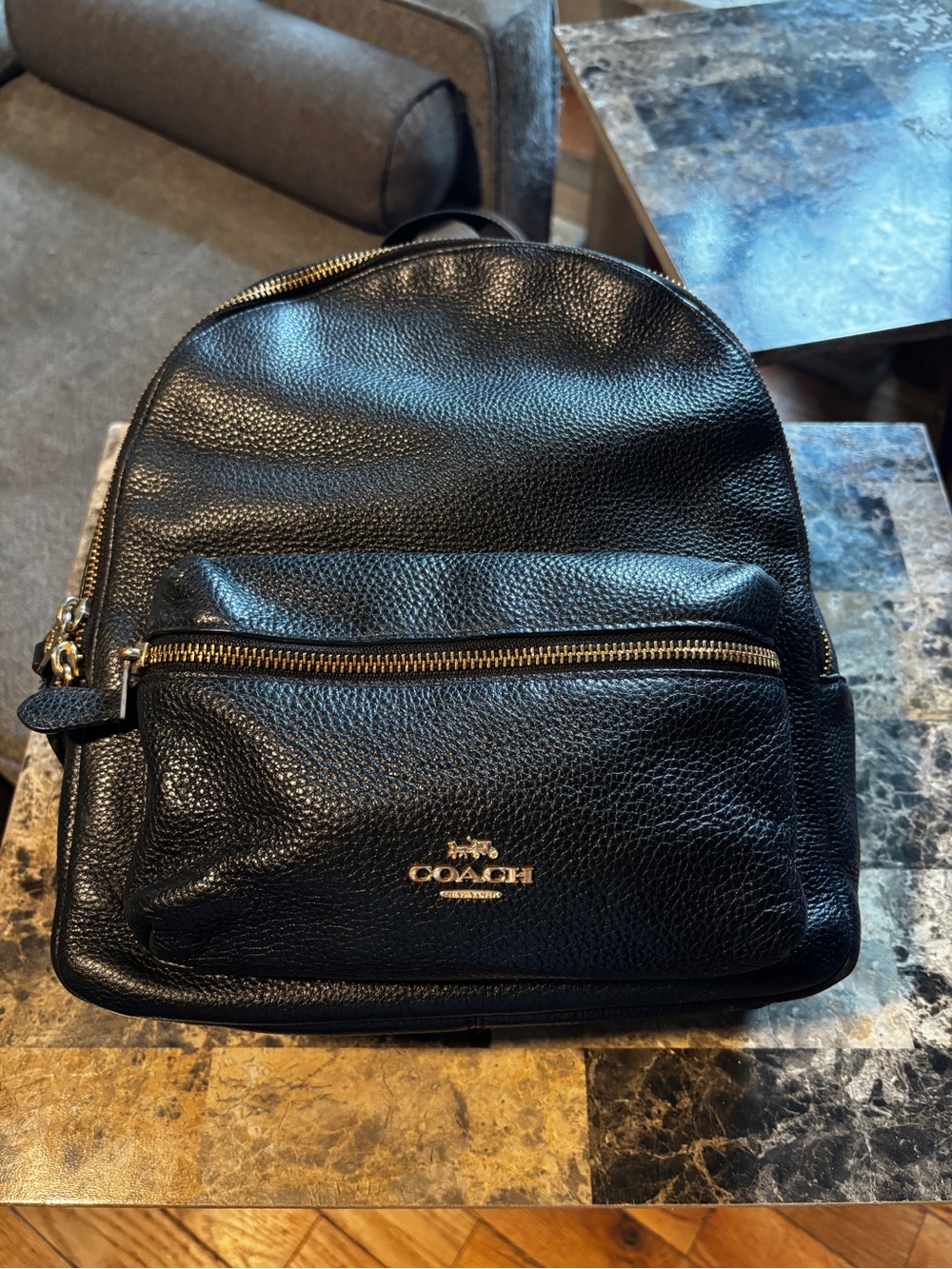 COACH Charlie Medium Backpack Black Pebbled Leather Gold Hardware F30550